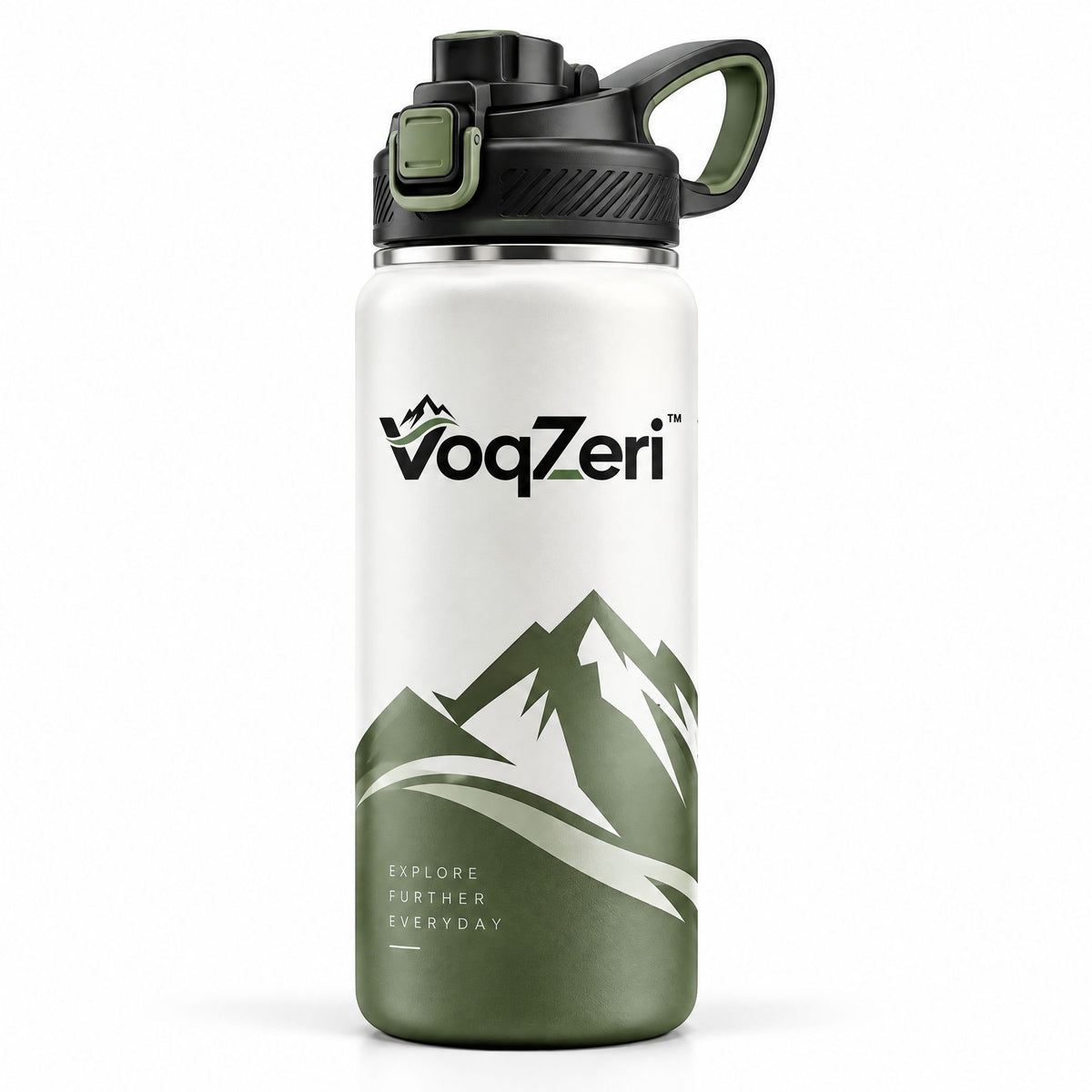 VoqZeri™ 32oz Insulated Stainless Steel Water Bottle with Spout Lid &amp; Carry Handle – Leakproof Mountain Graphic Sports Flask, Double-Wall Vacuum Water Canteen for Hiking, Gym, Travel &amp; Everyday Hydration (Olive Green/White)