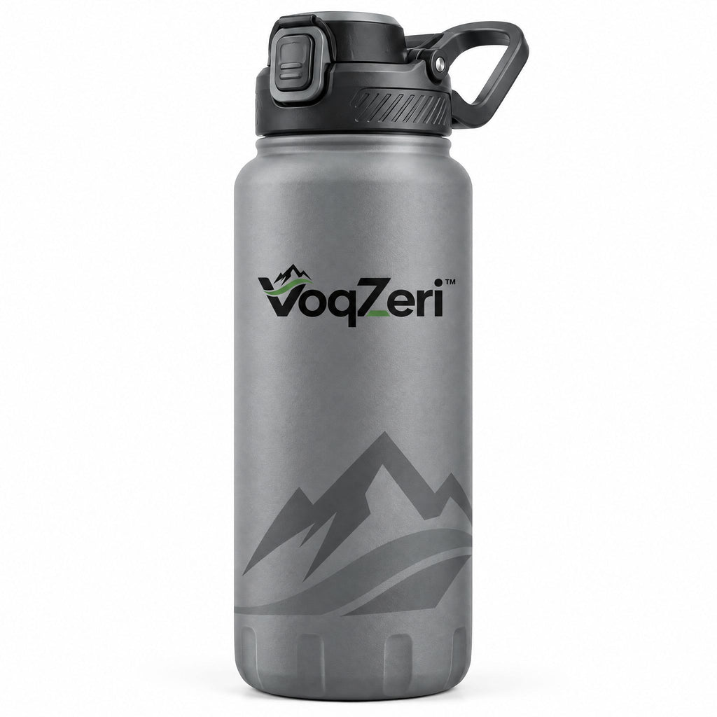 VoqZeri™ Insulated Stainless Steel Water Bottle with Push-Button Spout Lid &amp; Rugged Base, Leakproof Mountain Graphic Thermal Flask for Hiking, Gym, and Travel