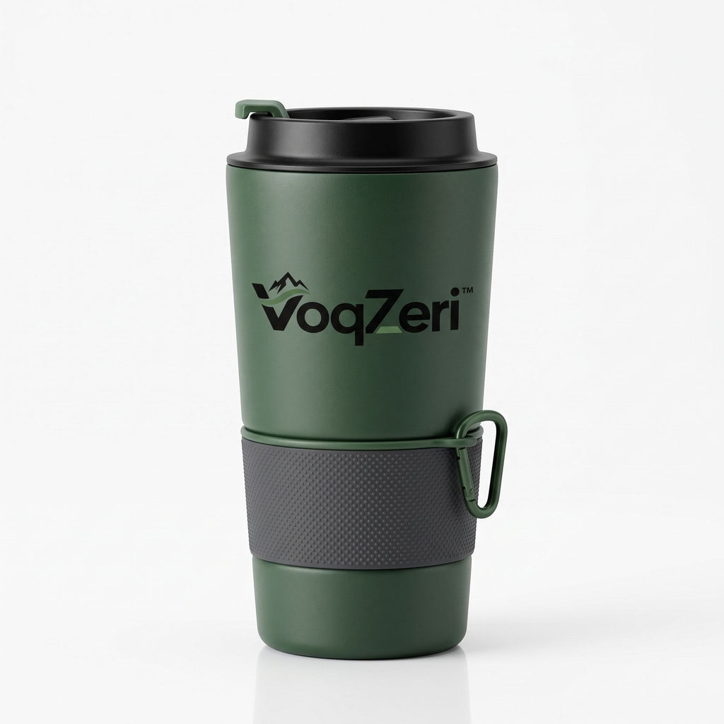 VoqZeri™ Insulated Travel Coffee Mug with Carabiner Clip, Non-Slip Silicone Grip &amp; Leak-Proof Flip Lid – Matte Forest Green