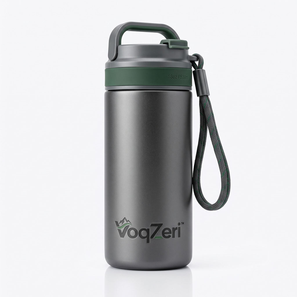 VoqZeri™ 18oz Insulated Stainless Steel Water Bottle with Dual Carry Handle &amp; Paracord Strap, Leak-Proof Sports Travel Mug (Gunmetal / Forest Green)
