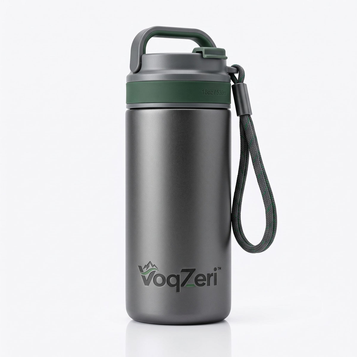 VoqZeri™ 18oz Insulated Stainless Steel Water Bottle with Dual Carry Handle &amp; Paracord Strap, Leak-Proof Sports Travel Mug (Gunmetal / Forest Green)