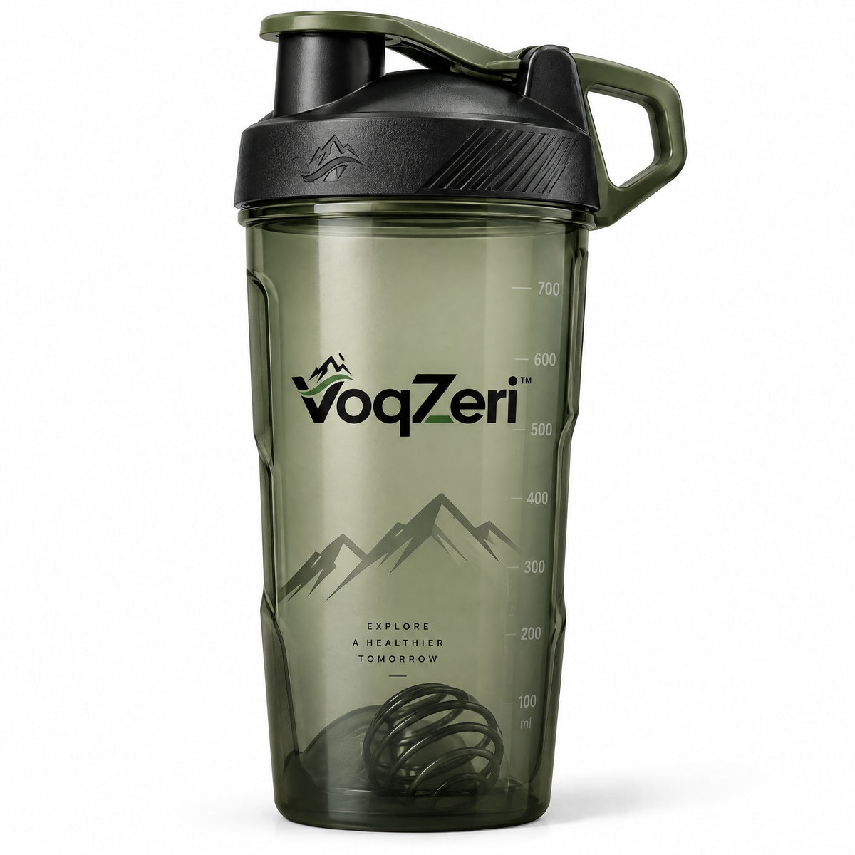 VoqZeri™ 24 oz / 700 ml Protein Shaker Bottle with Wire Mixing Ball – Leak-Proof Gym Fitness &amp; Nutrition Mixer Cup with Carry Loop, Olive Green