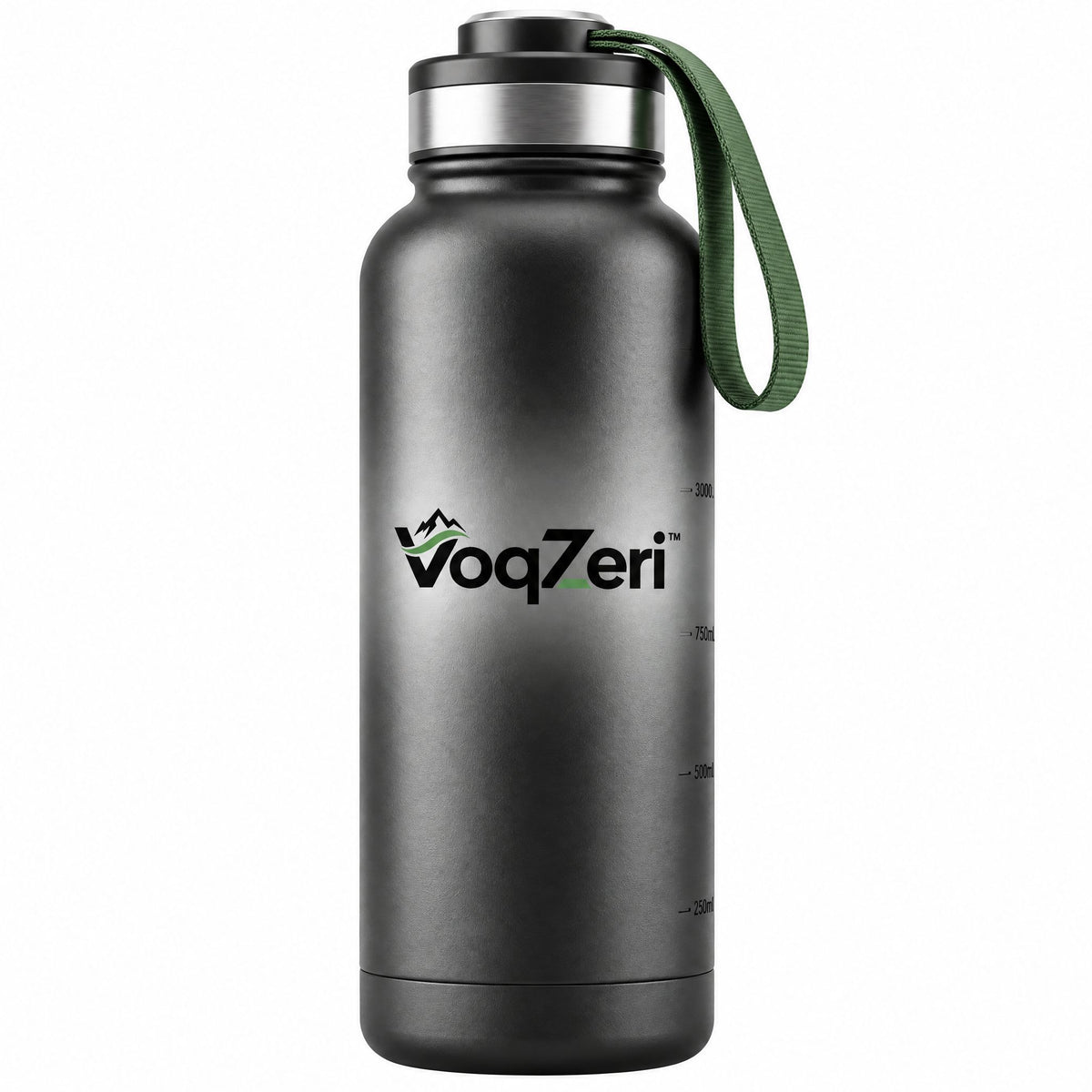 VoqZeri™ Vacuum Insulated Stainless Steel Water Bottle with Volume Markings &amp; Durable Carry Strap – Leak-Proof Sweat-Free Hydration Flask for Sports, Gym, Hiking &amp; Travel (Matte Black)