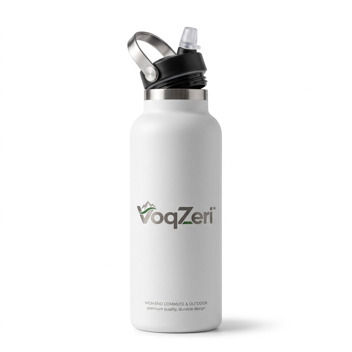 VoqZeri™ Insulated Stainless Steel Water Bottle with Straw Lid &amp; Carry Handle – Matte White Vacuum Flask for Daily Commute, Gym, Travel &amp; Outdoor Adventures