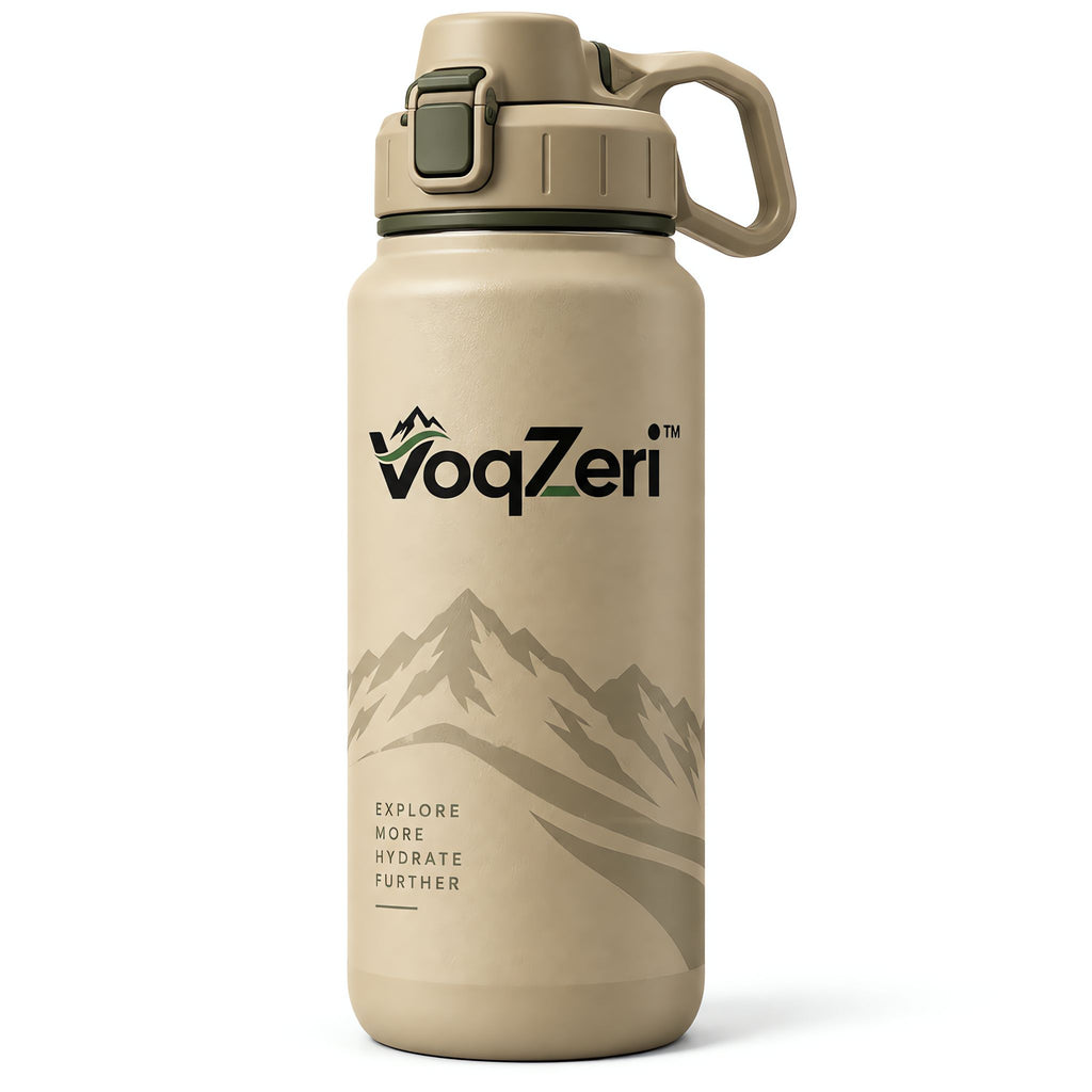 VoqZeri™ Insulated Stainless Steel Water Bottle with One-Touch Locking Spout Lid &amp; Carry Handle – Leakproof Vacuum Flask, Desert Tan
