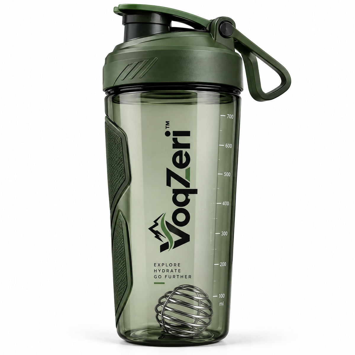 VoqZeri™ 700ml Protein Shaker Bottle with Wire Whisk Ball, Ergonomic Non-Slip Grip &amp; Integrated Carry Loop – Leak-Proof Gym &amp; Outdoor Water Bottle (Forest Green)