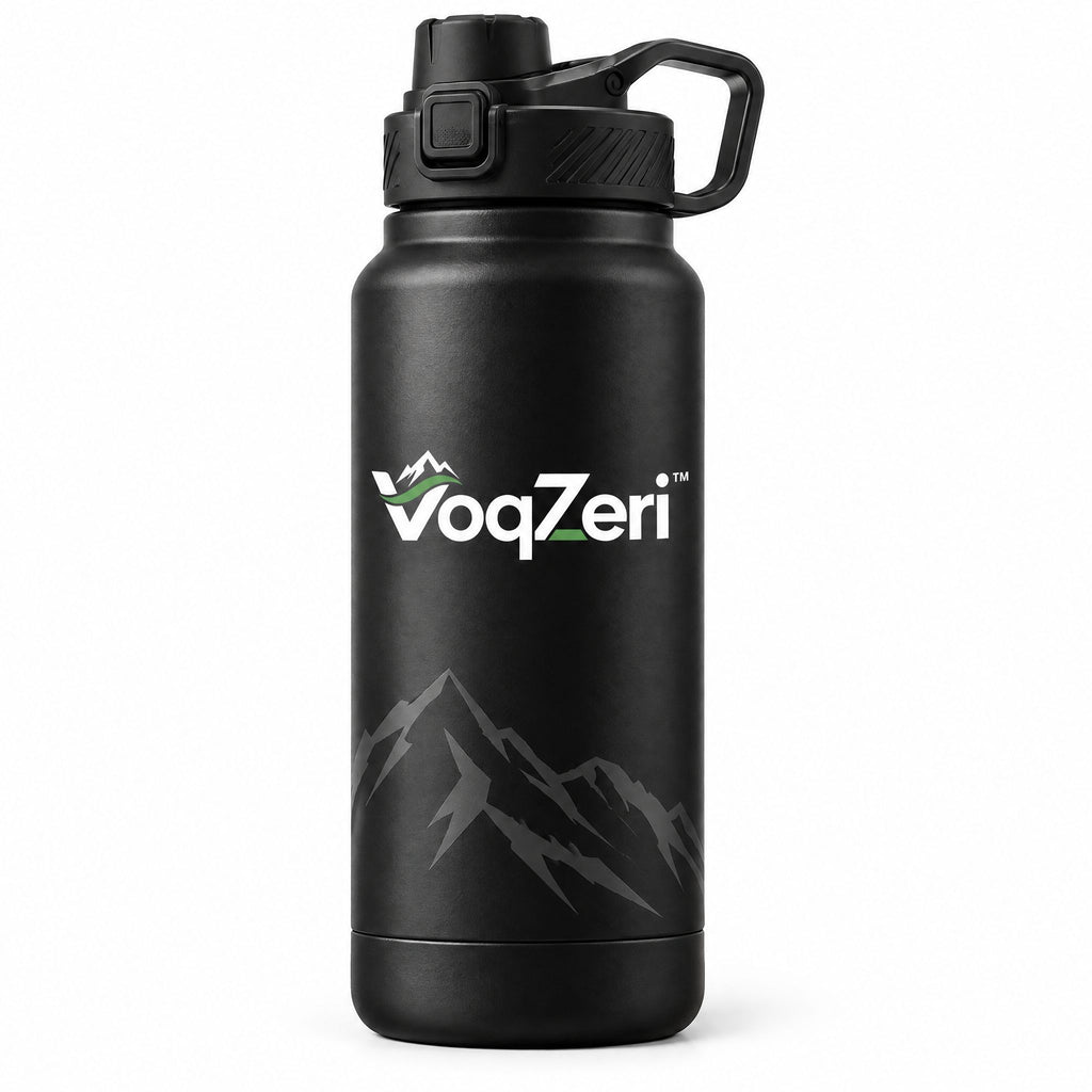 VoqZeri™ Insulated Stainless Steel Water Bottle with Push-Button Spout Lid &amp; Carry Handle – Matte Black Mountain Series
