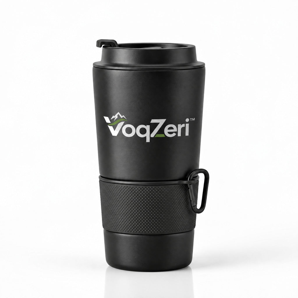 VoqZeri™ Insulated Travel Coffee Mug with Carabiner Clip, Non-Slip Silicone Grip &amp; Leak-Proof Flip Lid, Matte Black
