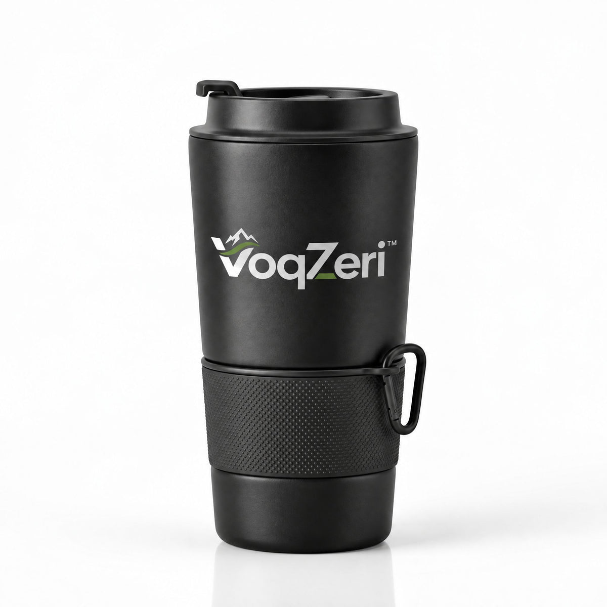 VoqZeri™ Insulated Travel Coffee Mug with Carabiner Clip, Non-Slip Silicone Grip &amp; Leak-Proof Flip Lid, Matte Black