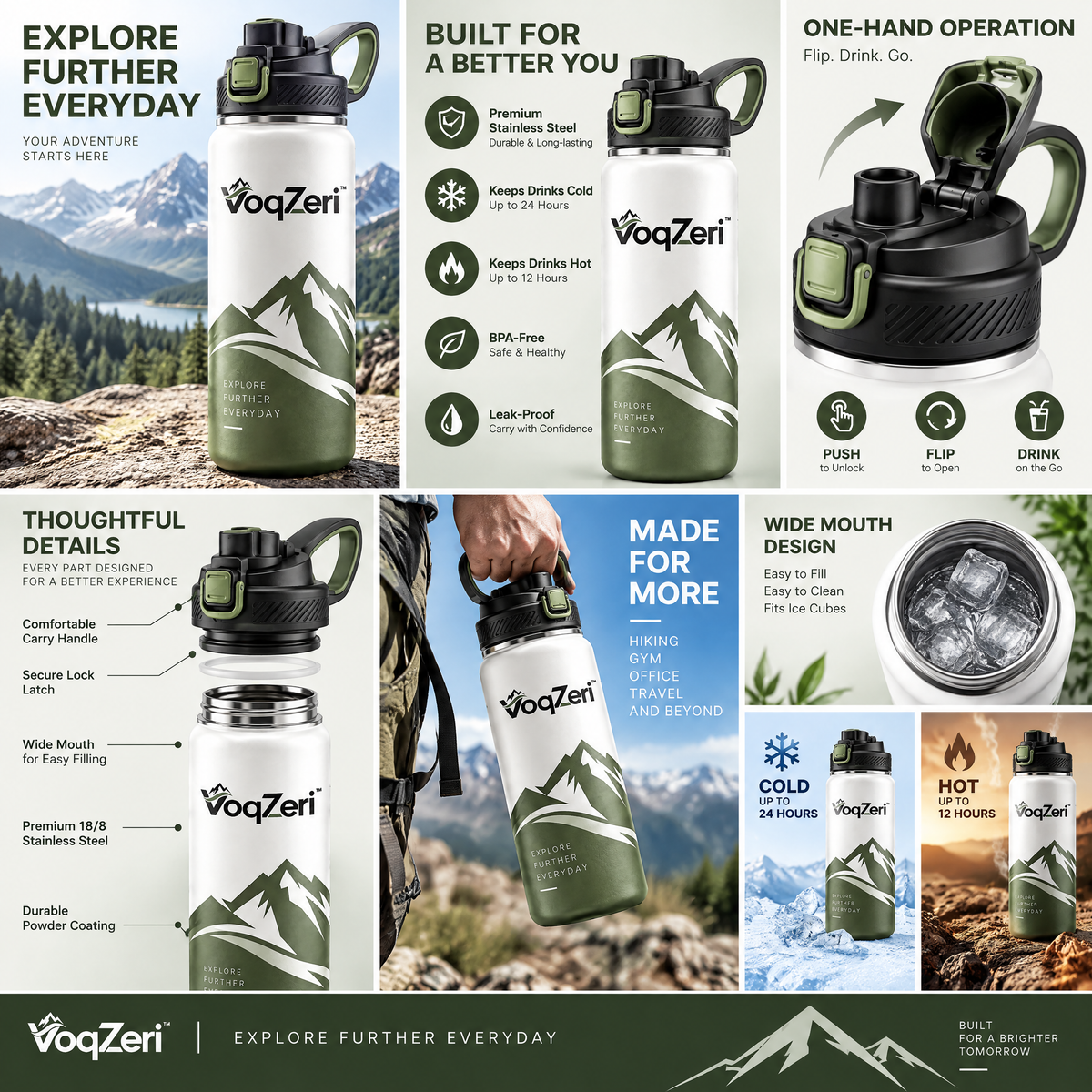 VoqZeri™ 32oz Insulated Stainless Steel Water Bottle with Spout Lid &amp; Carry Handle – Leakproof Mountain Graphic Sports Flask, Double-Wall Vacuum Water Canteen for Hiking, Gym, Travel &amp; Everyday Hydration (Olive Green/White)