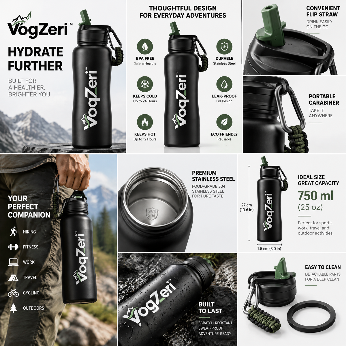 VoqZeri™ Insulated Stainless Steel Water Bottle with Straw Lid &amp; Paracord Carabiner Handle – Ergonomic Grip Sports Travel Flask for Hiking, Fitness &amp; Outdoor Adventure