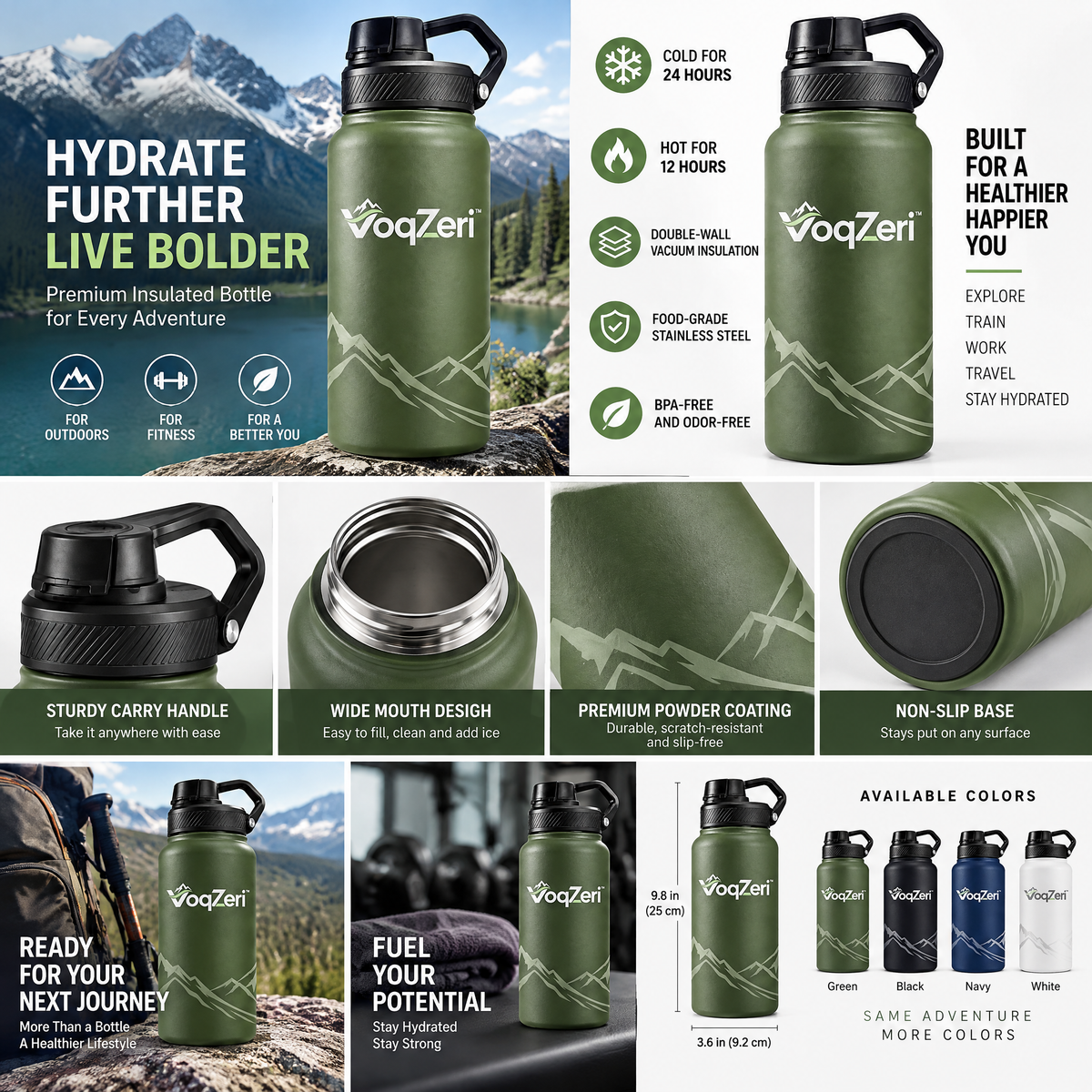 VoqZeri™ Vacuum Insulated Stainless Steel Water Bottle with Spout Lid &amp; Carry Handle – Leakproof Thermal Sports Flask for Hiking, Fitness &amp; Daily Travel (Olive Green)