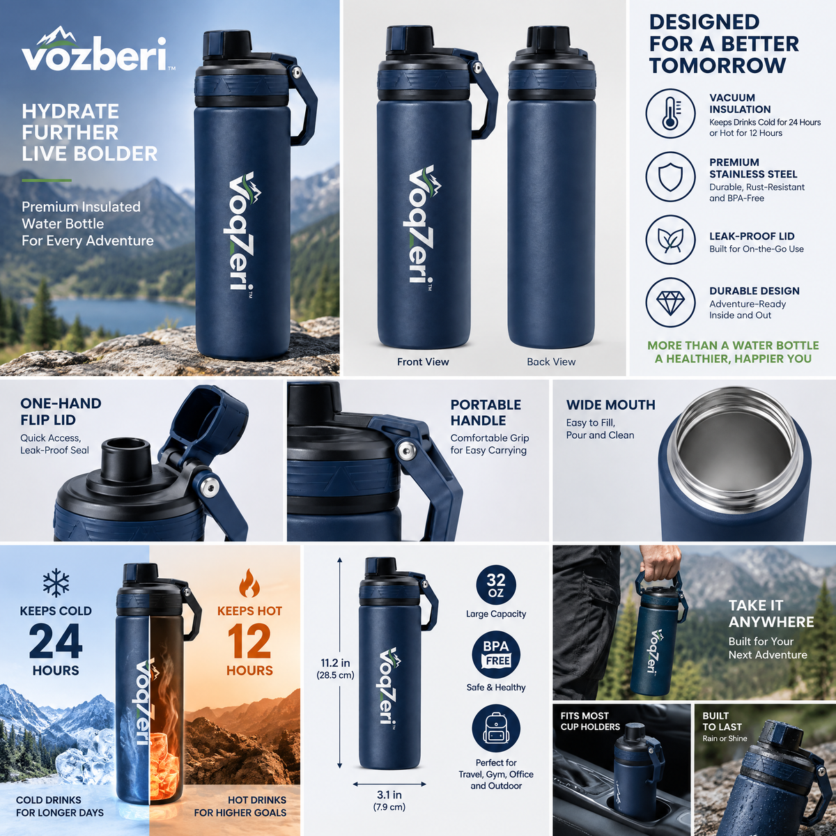 VoqZeri™ Insulated Stainless Steel Water Bottle with Leak-Proof Spout Lid &amp; Heavy-Duty Carry Handle – Double Wall Vacuum Thermal Sport Flask (Navy Blue)