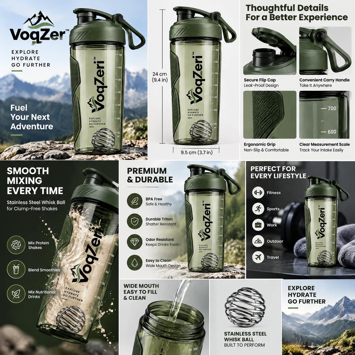 VoqZeri™ 700ml Protein Shaker Bottle with Wire Whisk Ball, Ergonomic Non-Slip Grip &amp; Integrated Carry Loop – Leak-Proof Gym &amp; Outdoor Water Bottle (Forest Green)