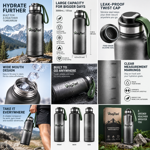 VoqZeri™ Vacuum Insulated Stainless Steel Water Bottle with Volume Markings &amp; Durable Carry Strap – Leak-Proof Sweat-Free Hydration Flask for Sports, Gym, Hiking &amp; Travel (Matte Black)