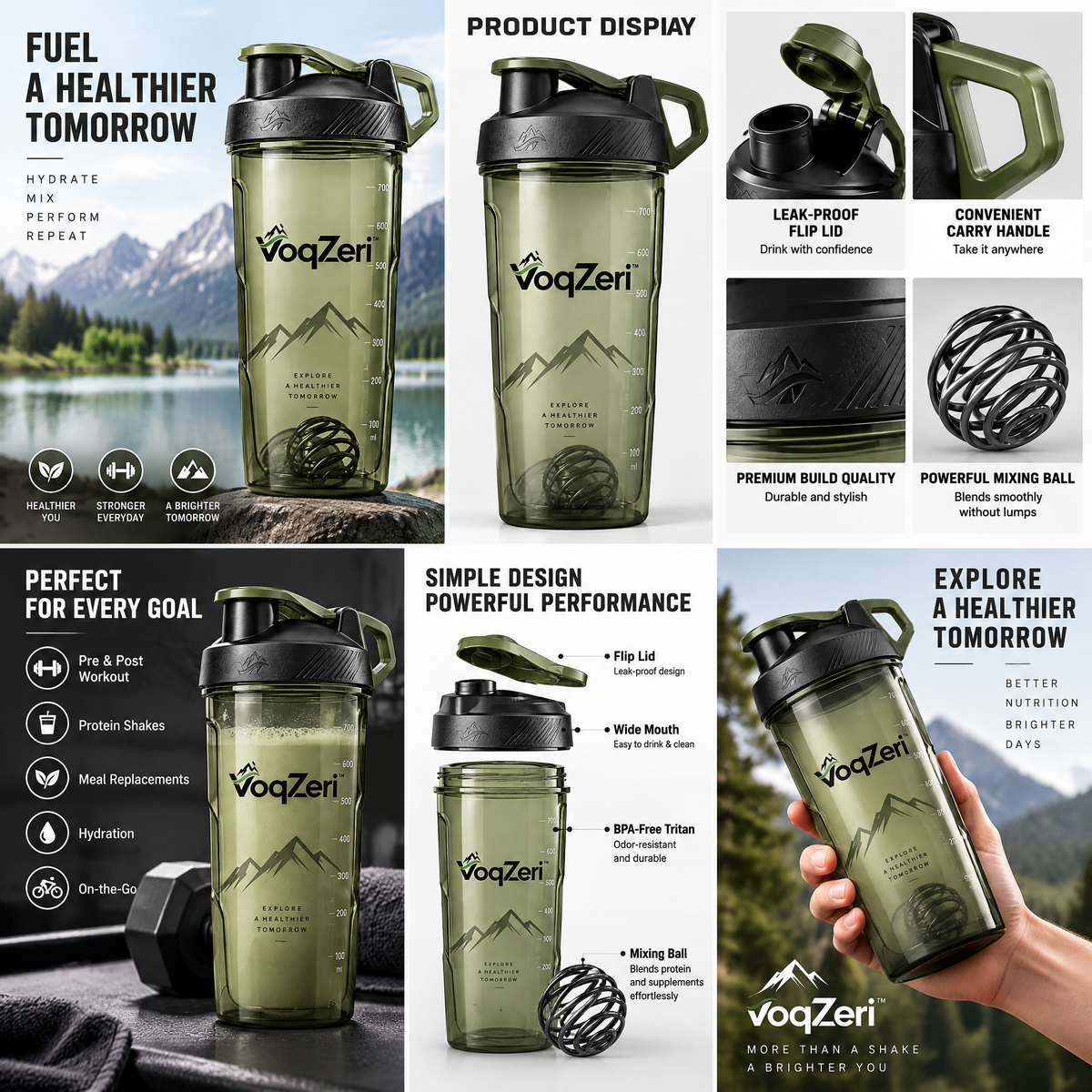 VoqZeri™ 24 oz / 700 ml Protein Shaker Bottle with Wire Mixing Ball – Leak-Proof Gym Fitness &amp; Nutrition Mixer Cup with Carry Loop, Olive Green