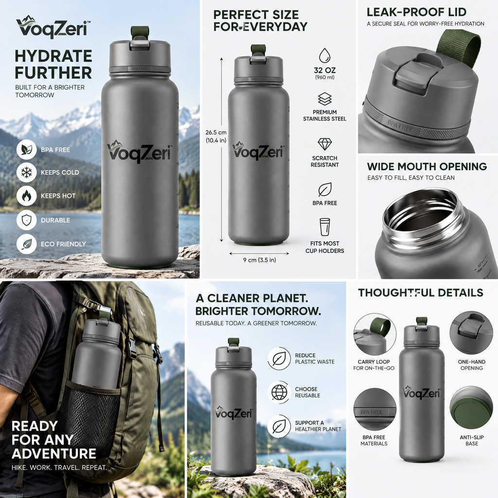 VoqZeri™ 32oz Sports Water Bottle with Carry Strap &amp; Measurement Markings, BPA-Free Matte Finish Leakproof Drink Bottle for Gym, Hiking, and Outdoor Fitness