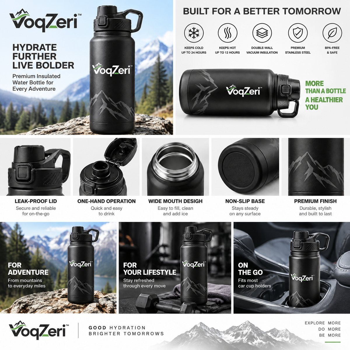 VoqZeri™ Insulated Stainless Steel Water Bottle with Push-Button Spout Lid &amp; Carry Handle – Matte Black Mountain Series