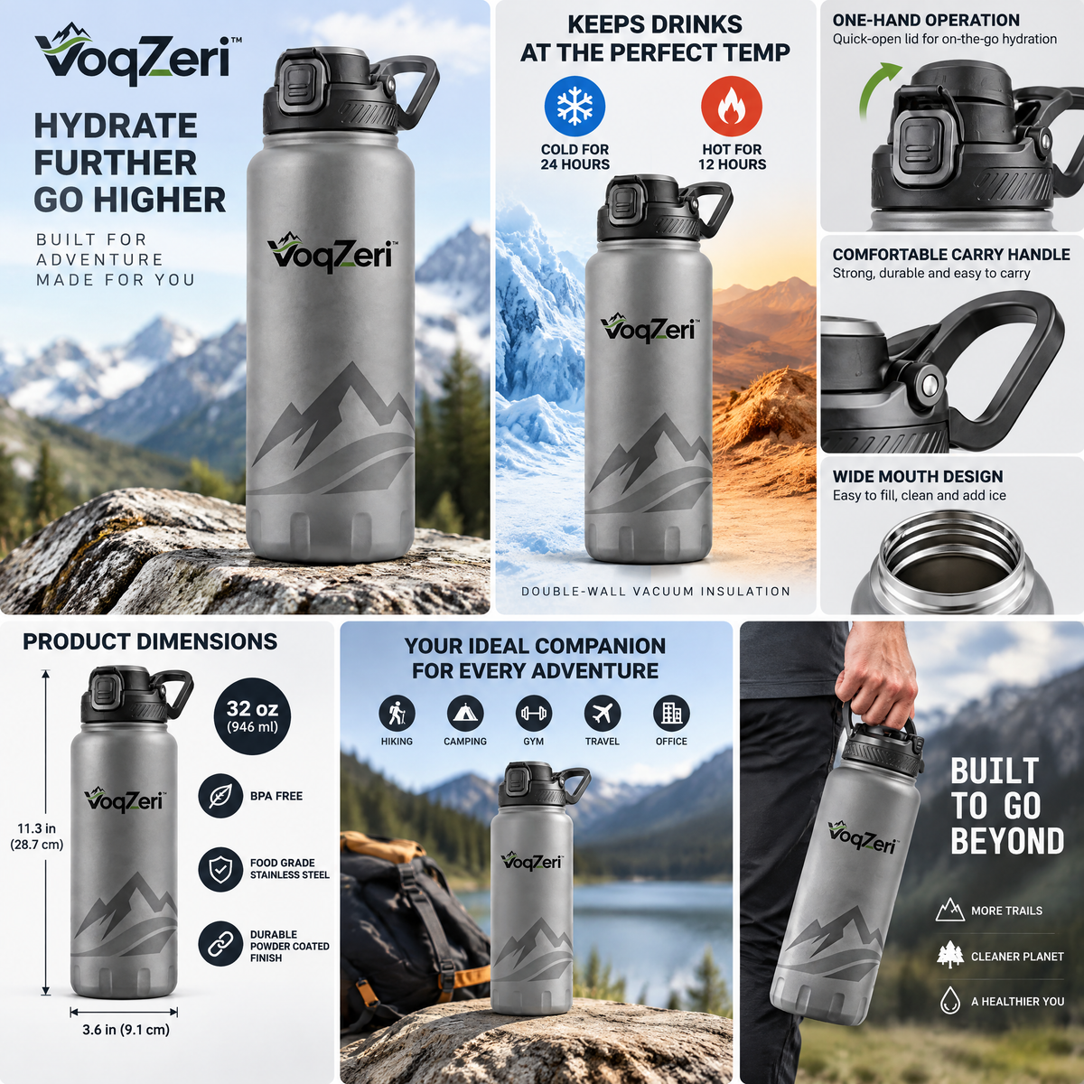 VoqZeri™ Insulated Stainless Steel Water Bottle with Push-Button Spout Lid &amp; Rugged Base, Leakproof Mountain Graphic Thermal Flask for Hiking, Gym, and Travel