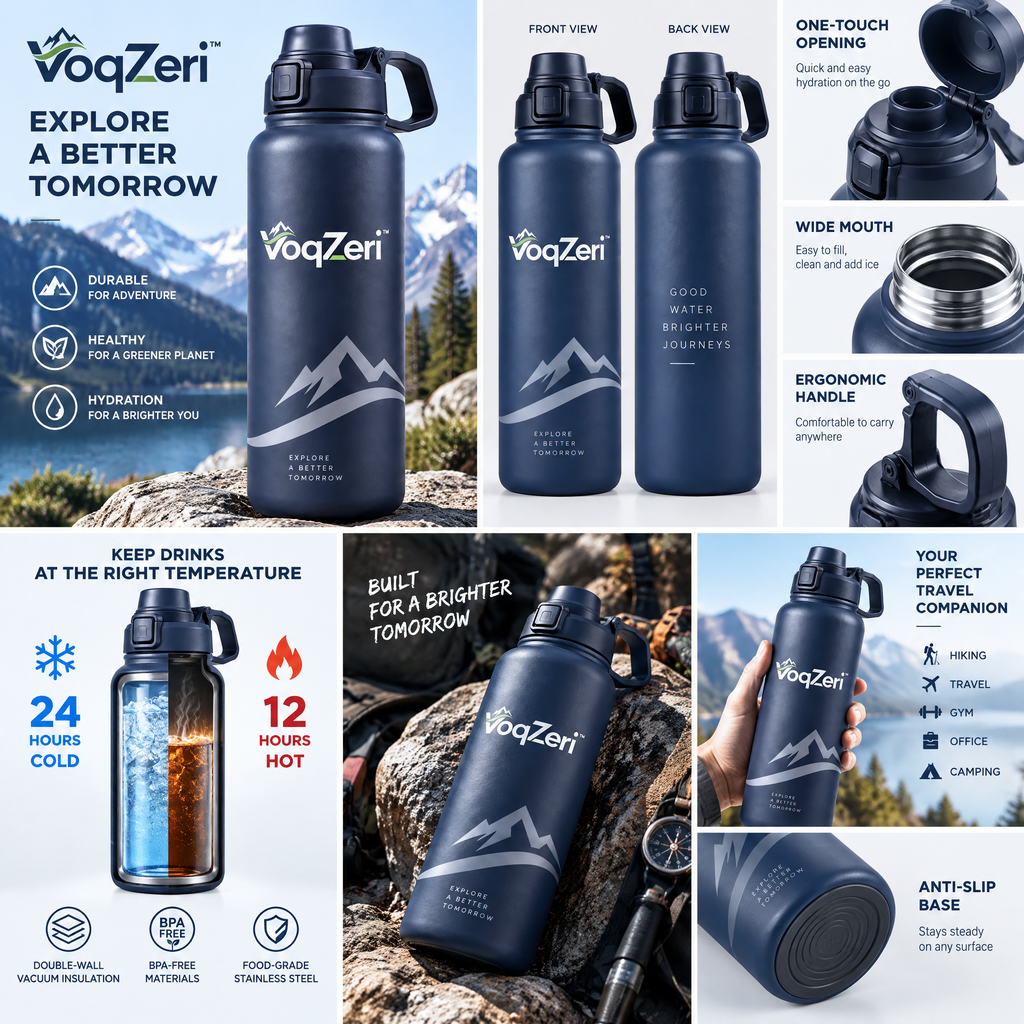 VoqZeri™ Insulated Stainless Steel Water Bottle with Spout Lid &amp; Carry Handle, Leak-Proof Double-Wall Vacuum Sports Flask – Matte Navy Blue