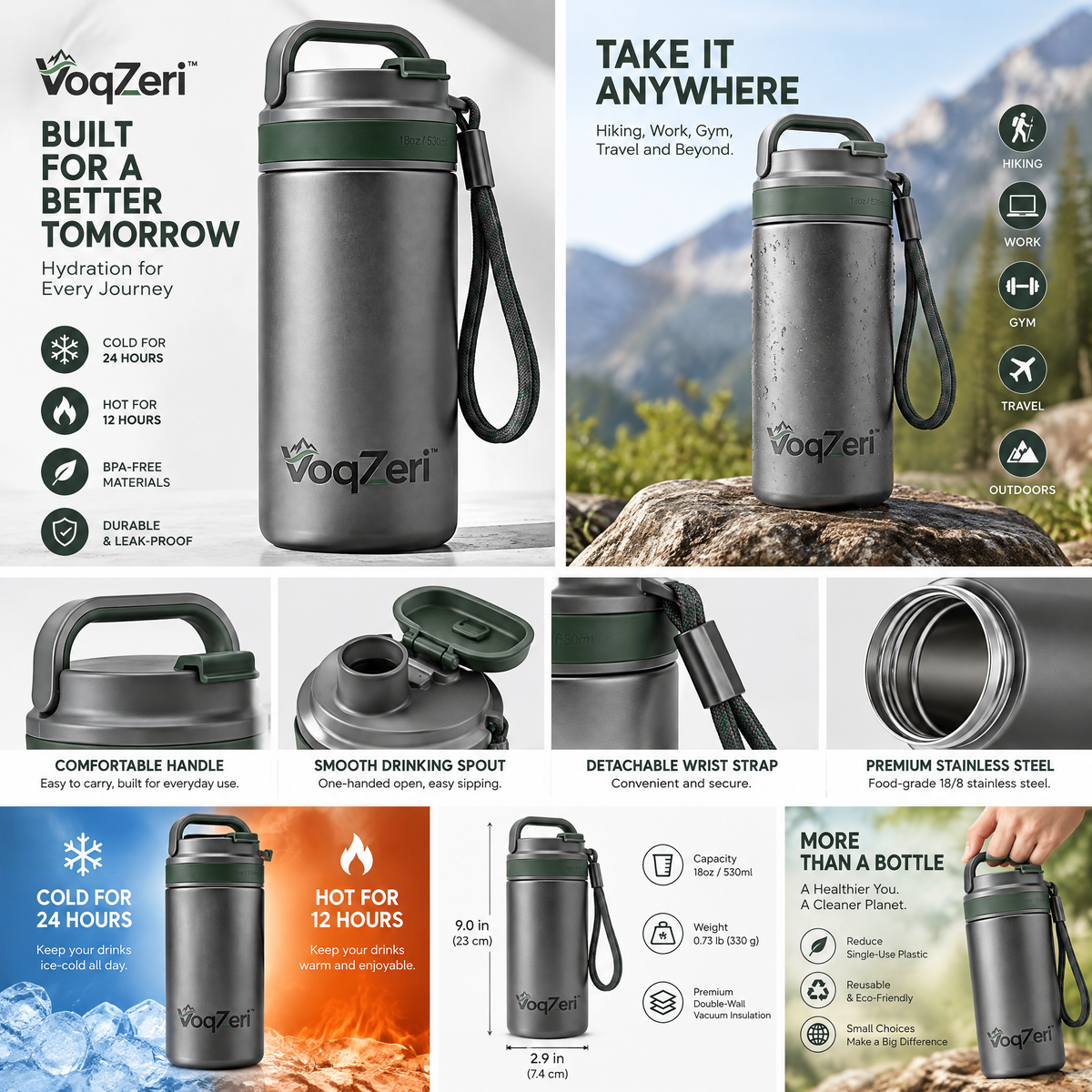 VoqZeri™ 18oz Insulated Stainless Steel Water Bottle with Dual Carry Handle &amp; Paracord Strap, Leak-Proof Sports Travel Mug (Gunmetal / Forest Green)