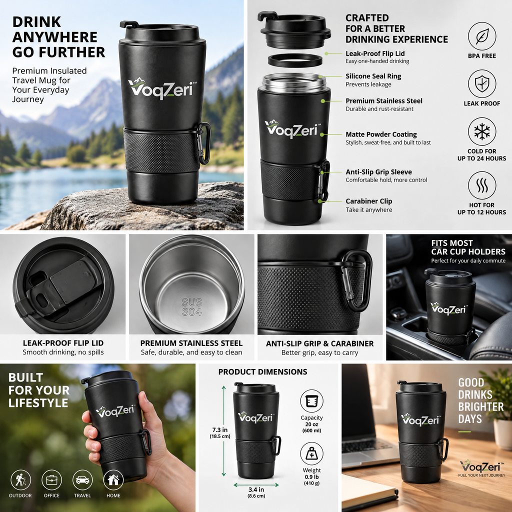 VoqZeri™ Insulated Travel Coffee Mug with Carabiner Clip, Non-Slip Silicone Grip &amp; Leak-Proof Flip Lid, Matte Black
