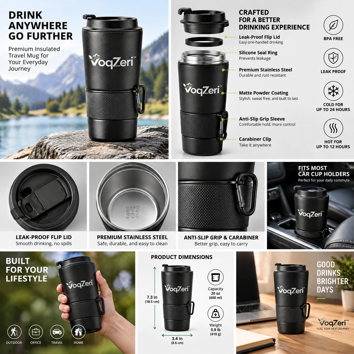 VoqZeri™ Insulated Travel Coffee Mug with Carabiner Clip, Non-Slip Silicone Grip &amp; Leak-Proof Flip Lid, Matte Black