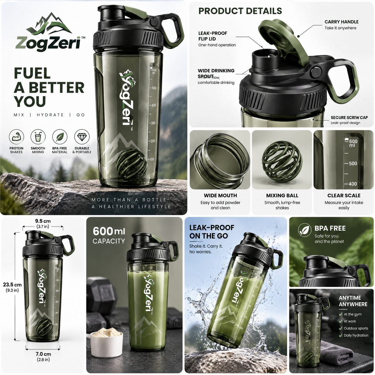 VoqZeri™ 24 oz Protein Shaker Bottle with Whisk Ball – Leakproof Gym Water Bottle with Measurement Markings &amp; Carry Loop (Smoke Green)