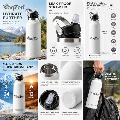 VoqZeri™ Insulated Stainless Steel Water Bottle with Straw Lid &amp; Carry Handle – Matte White Vacuum Flask for Daily Commute, Gym, Travel &amp; Outdoor Adventures