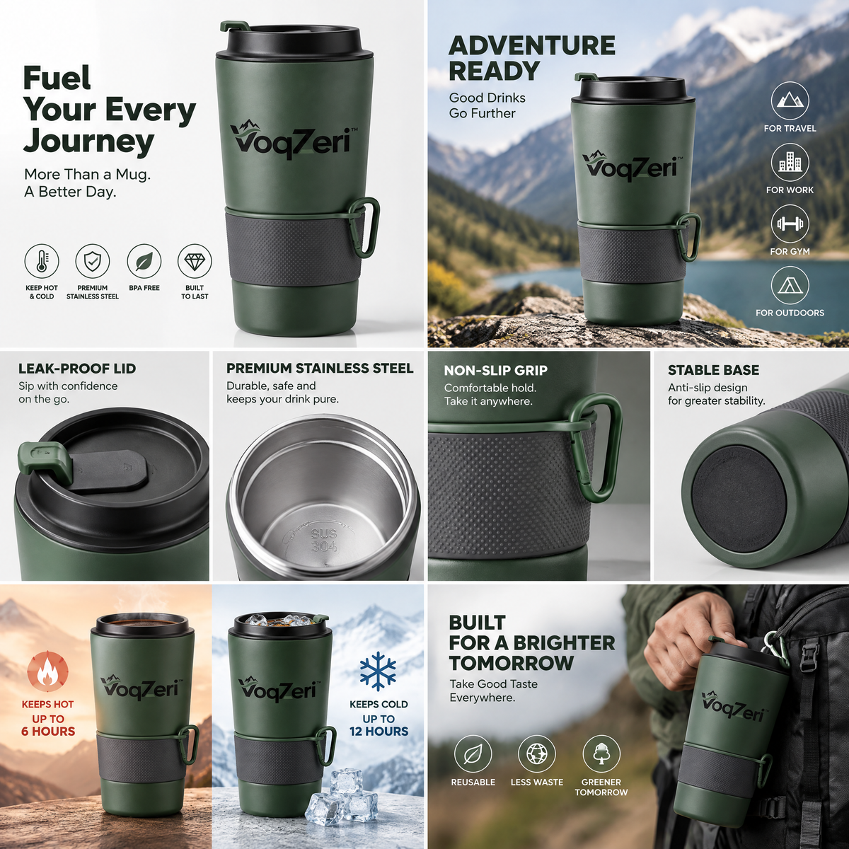 VoqZeri™ Insulated Travel Coffee Mug with Carabiner Clip, Non-Slip Silicone Grip &amp; Leak-Proof Flip Lid – Matte Forest Green