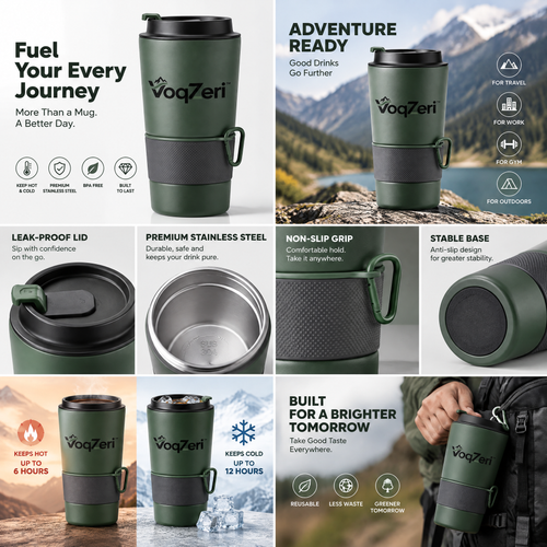 VoqZeri™ Insulated Travel Coffee Mug with Carabiner Clip, Non-Slip Silicone Grip &amp; Leak-Proof Flip Lid – Matte Forest Green