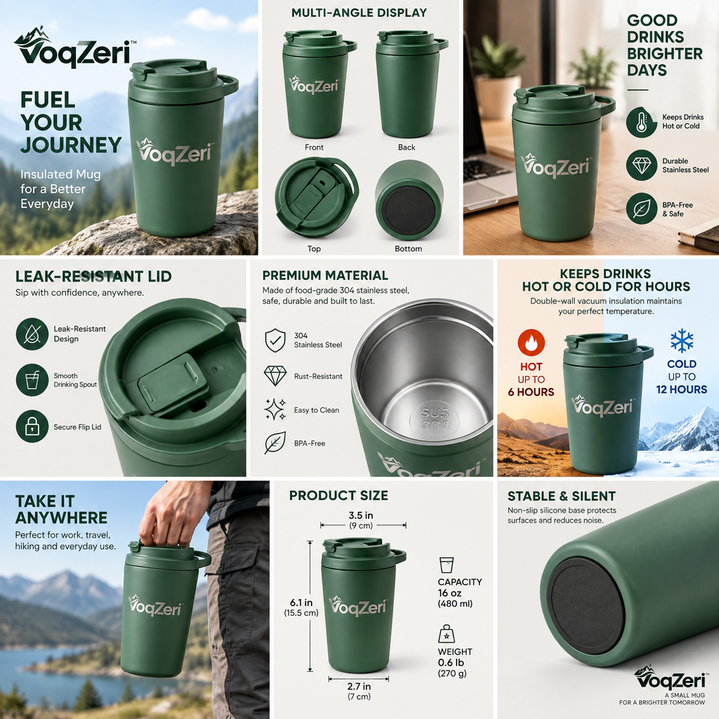VoqZeri™ Double-Wall Vacuum Insulated Coffee Tumbler with Integrated Carry Loop Lid – 14oz Matte Forest Green Travel Mug