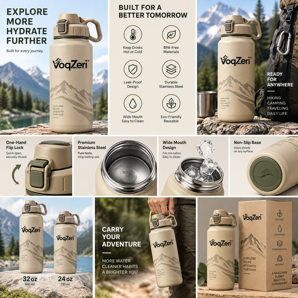 VoqZeri™ Insulated Stainless Steel Water Bottle with One-Touch Locking Spout Lid &amp; Carry Handle – Leakproof Vacuum Flask, Desert Tan