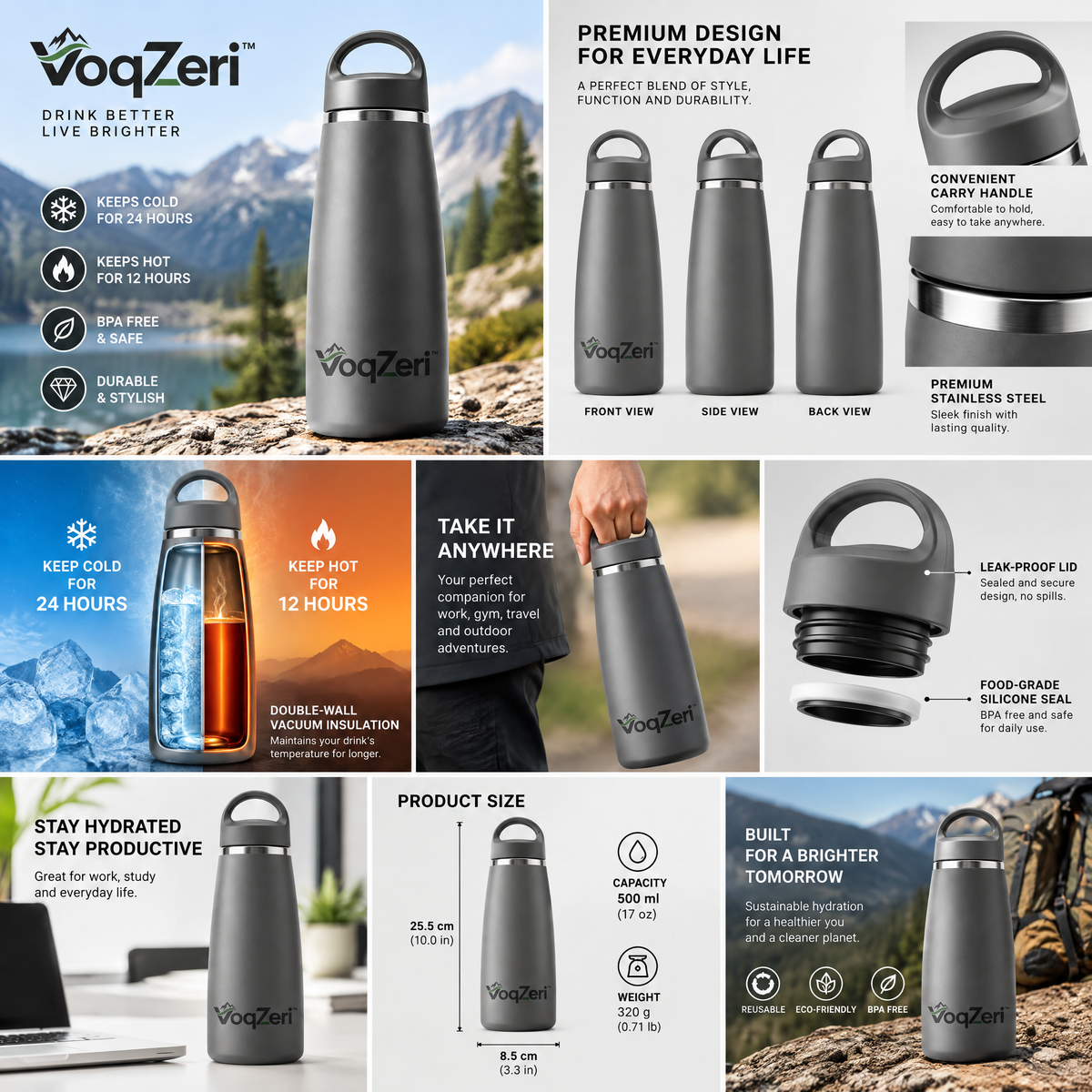 VoqZeri™ Double-Wall Vacuum Insulated Stainless Steel Water Bottle with Integrated Loop Cap – Matte Charcoal