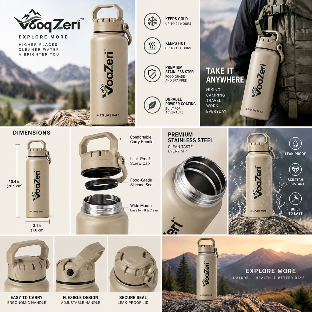 VoqZeri™ Insulated Stainless Steel Water Bottle with Heavy-Duty Carry Handle Lid – Double-Wall Vacuum Thermal Sports Flask for Hiking, Gym &amp; Travel (Desert Sand)