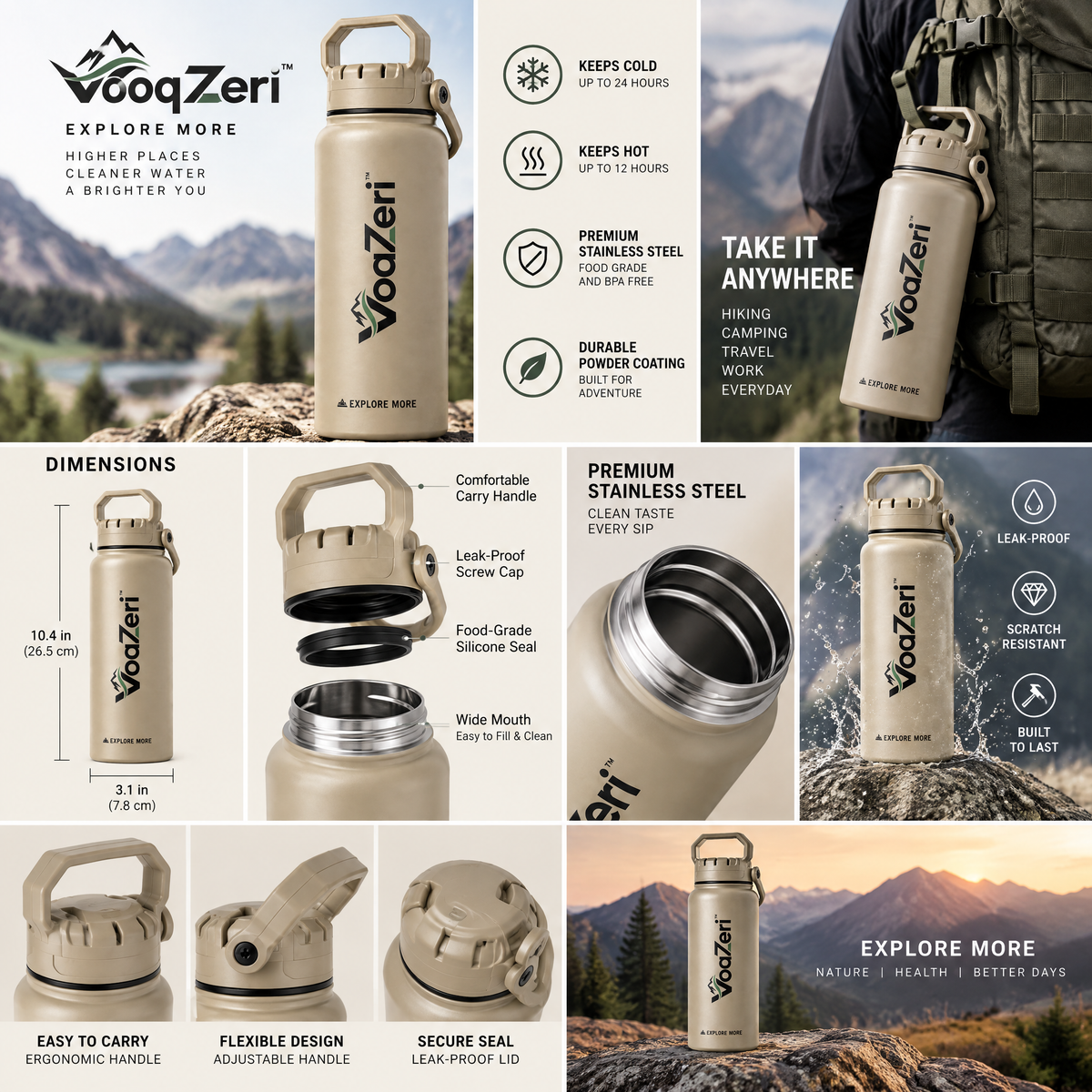 VoqZeri™ Insulated Stainless Steel Water Bottle with Heavy-Duty Carry Handle Lid – Double-Wall Vacuum Thermal Sports Flask for Hiking, Gym &amp; Travel (Desert Sand)