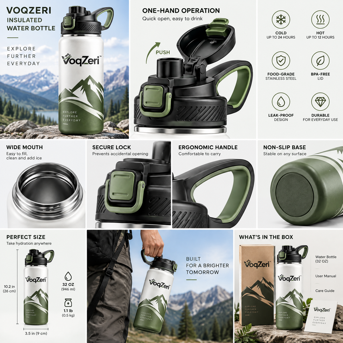 VoqZeri™ 32oz Insulated Stainless Steel Water Bottle with Spout Lid &amp; Carry Handle – Leakproof Mountain Graphic Sports Flask, Double-Wall Vacuum Water Canteen for Hiking, Gym, Travel &amp; Everyday Hydration (Olive Green/White)