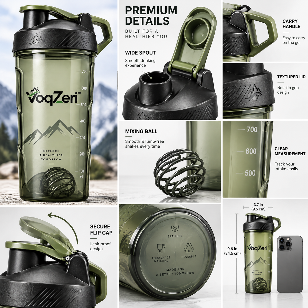 VoqZeri™ 24 oz / 700 ml Protein Shaker Bottle with Wire Mixing Ball – Leak-Proof Gym Fitness &amp; Nutrition Mixer Cup with Carry Loop, Olive Green