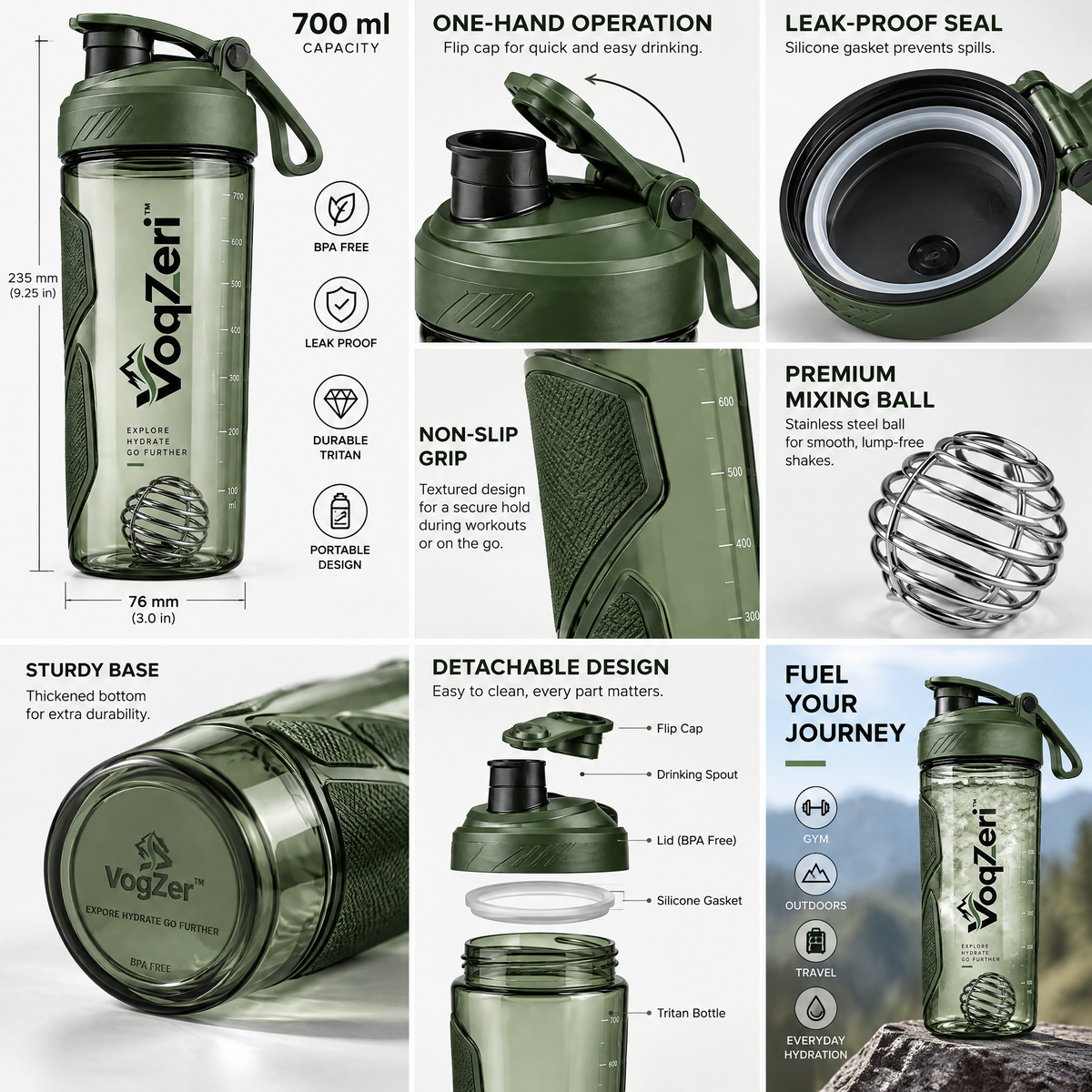 VoqZeri™ 700ml Protein Shaker Bottle with Wire Whisk Ball, Ergonomic Non-Slip Grip &amp; Integrated Carry Loop – Leak-Proof Gym &amp; Outdoor Water Bottle (Forest Green)