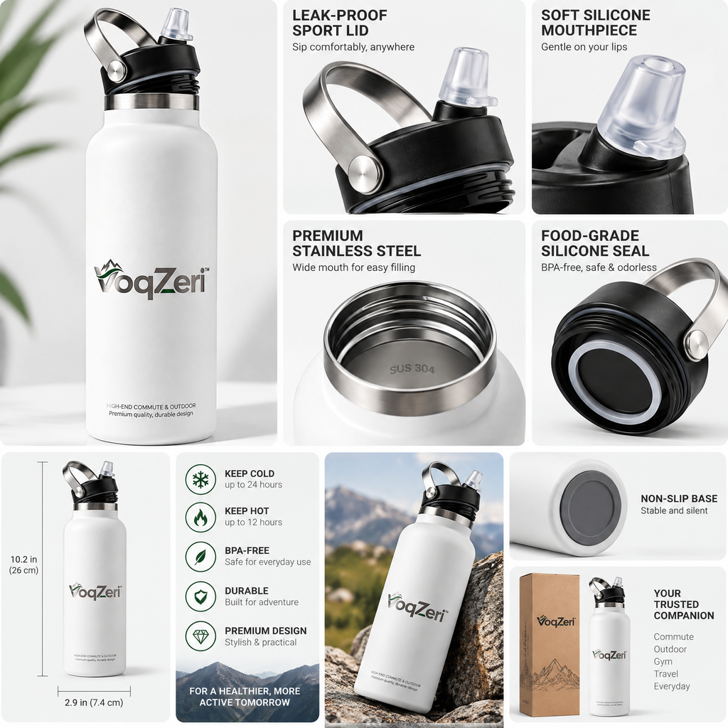 VoqZeri™ Insulated Stainless Steel Water Bottle with Straw Lid &amp; Carry Handle – Matte White Vacuum Flask for Daily Commute, Gym, Travel &amp; Outdoor Adventures