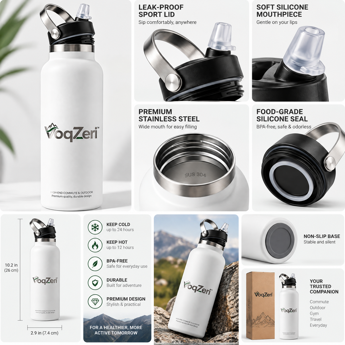 VoqZeri™ Insulated Stainless Steel Water Bottle with Straw Lid &amp; Carry Handle – Matte White Vacuum Flask for Daily Commute, Gym, Travel &amp; Outdoor Adventures