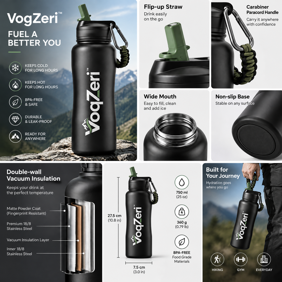 VoqZeri™ Insulated Stainless Steel Water Bottle with Straw Lid &amp; Paracord Carabiner Handle – Ergonomic Grip Sports Travel Flask for Hiking, Fitness &amp; Outdoor Adventure