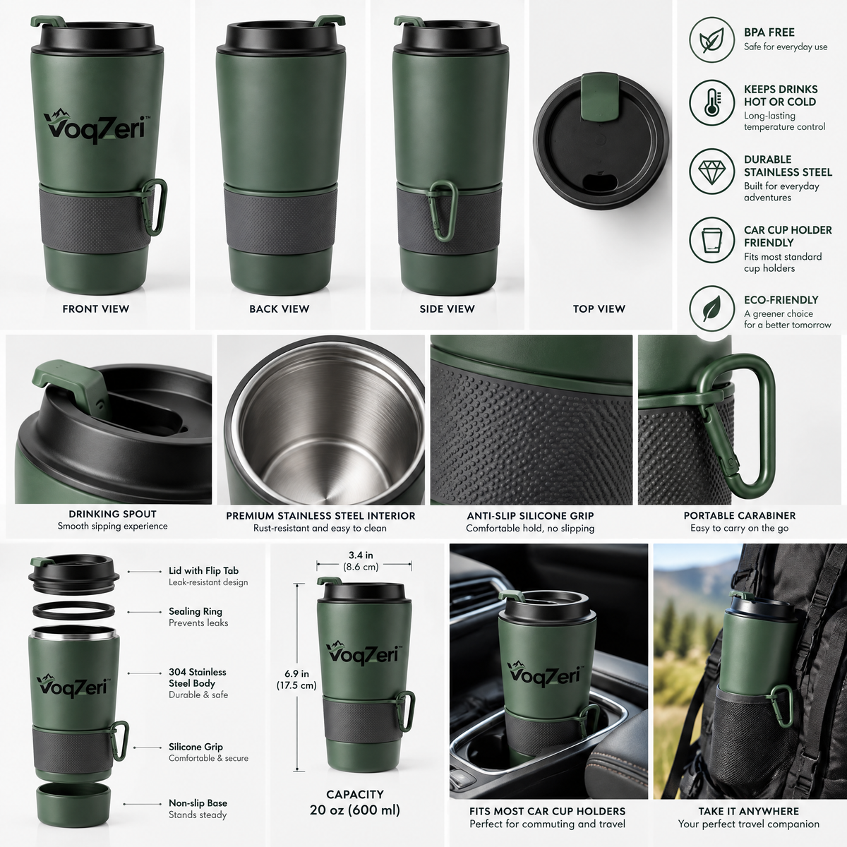 VoqZeri™ Insulated Travel Coffee Mug with Carabiner Clip, Non-Slip Silicone Grip &amp; Leak-Proof Flip Lid – Matte Forest Green