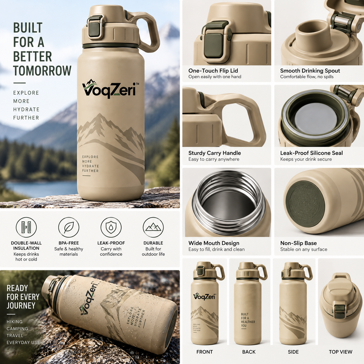 VoqZeri™ Insulated Stainless Steel Water Bottle with One-Touch Locking Spout Lid &amp; Carry Handle – Leakproof Vacuum Flask, Desert Tan