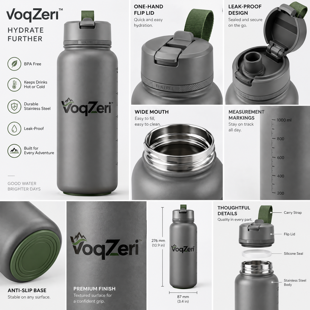 VoqZeri™ 32oz Sports Water Bottle with Carry Strap &amp; Measurement Markings, BPA-Free Matte Finish Leakproof Drink Bottle for Gym, Hiking, and Outdoor Fitness