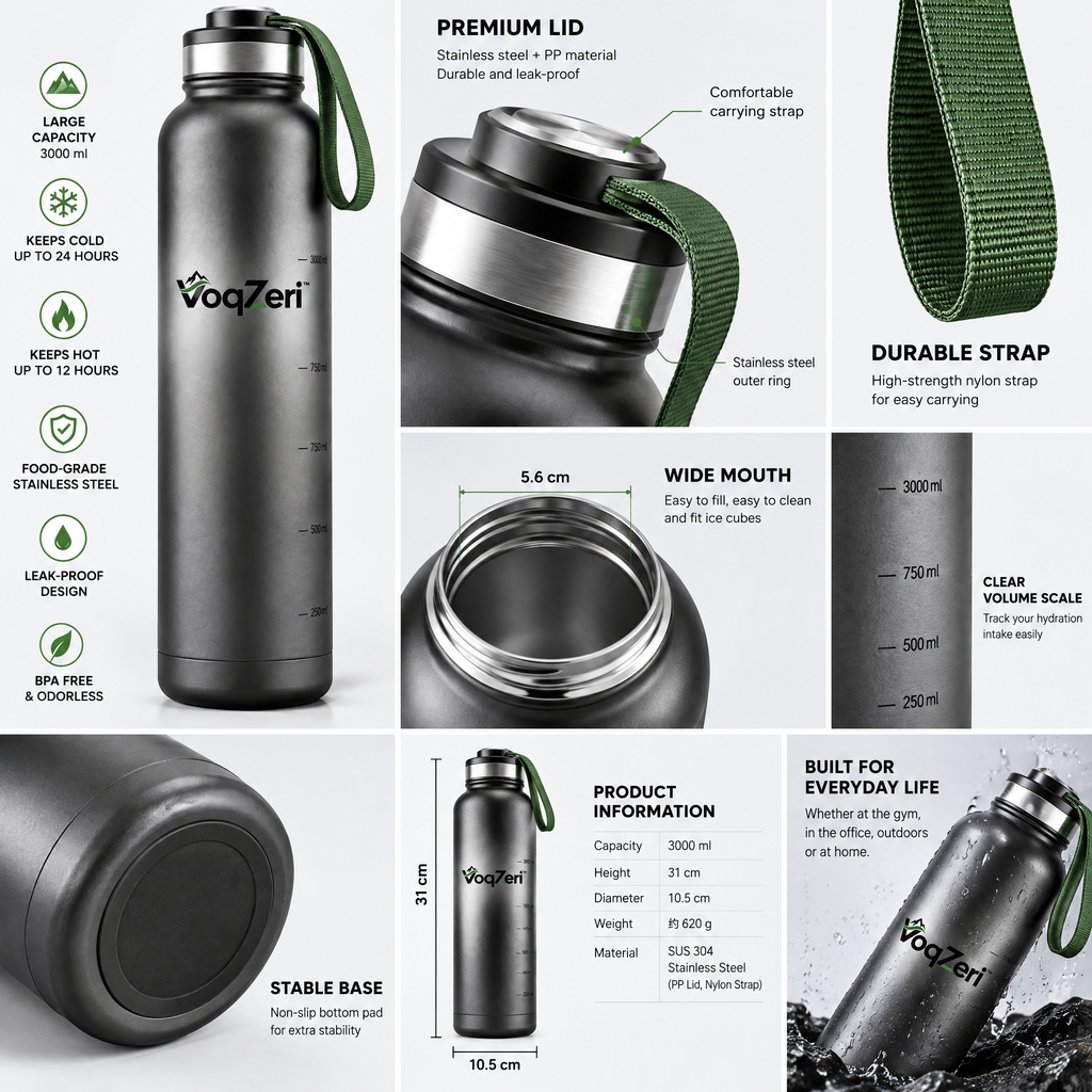 VoqZeri™ Vacuum Insulated Stainless Steel Water Bottle with Volume Markings &amp; Durable Carry Strap – Leak-Proof Sweat-Free Hydration Flask for Sports, Gym, Hiking &amp; Travel (Matte Black)