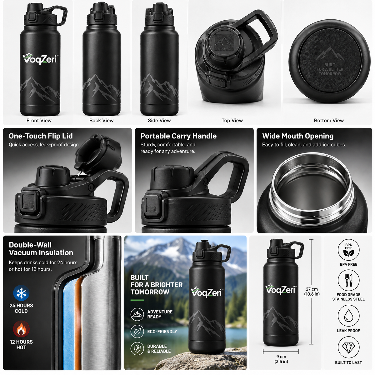 VoqZeri™ Insulated Stainless Steel Water Bottle with Push-Button Spout Lid &amp; Carry Handle – Matte Black Mountain Series