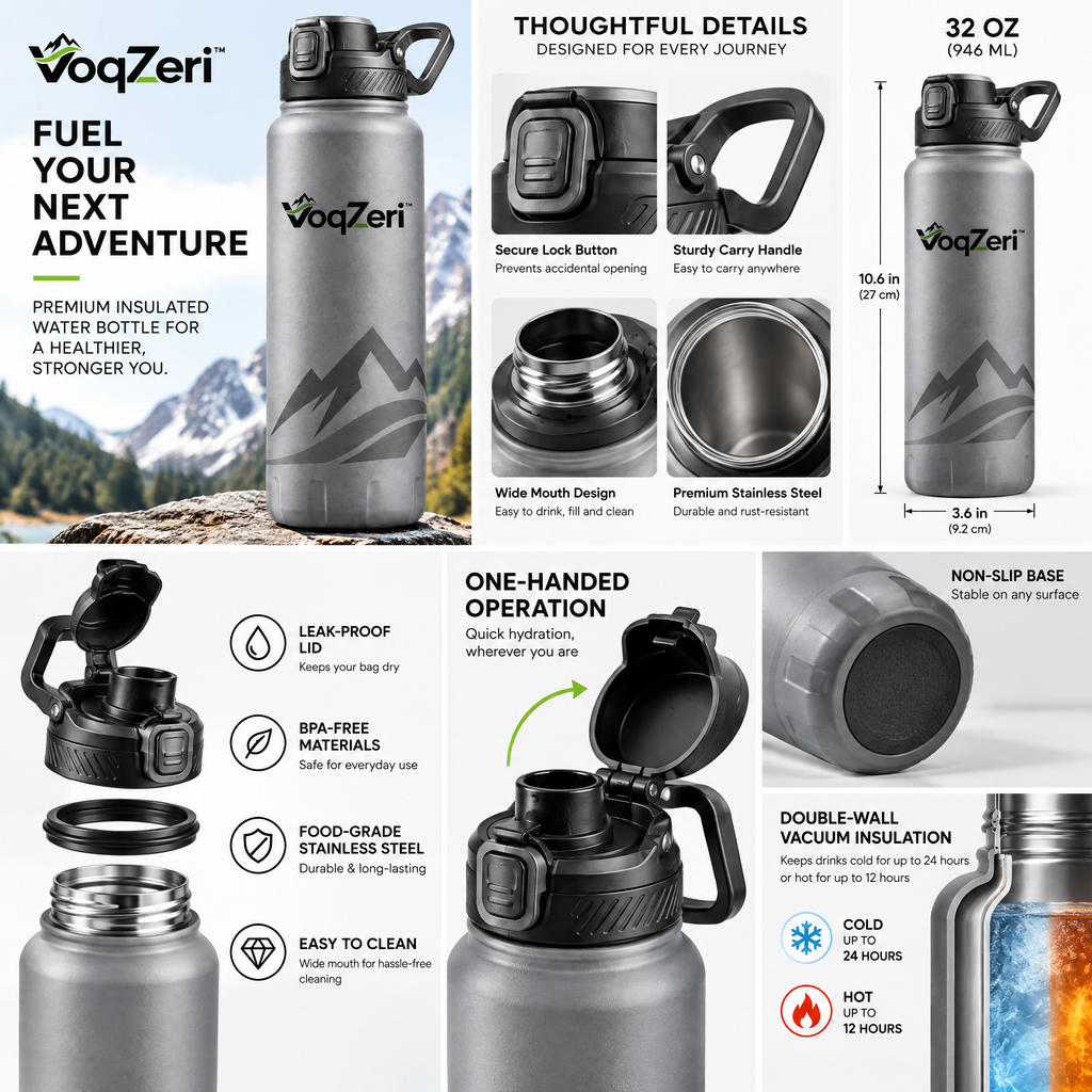 VoqZeri™ Insulated Stainless Steel Water Bottle with Push-Button Spout Lid &amp; Rugged Base, Leakproof Mountain Graphic Thermal Flask for Hiking, Gym, and Travel