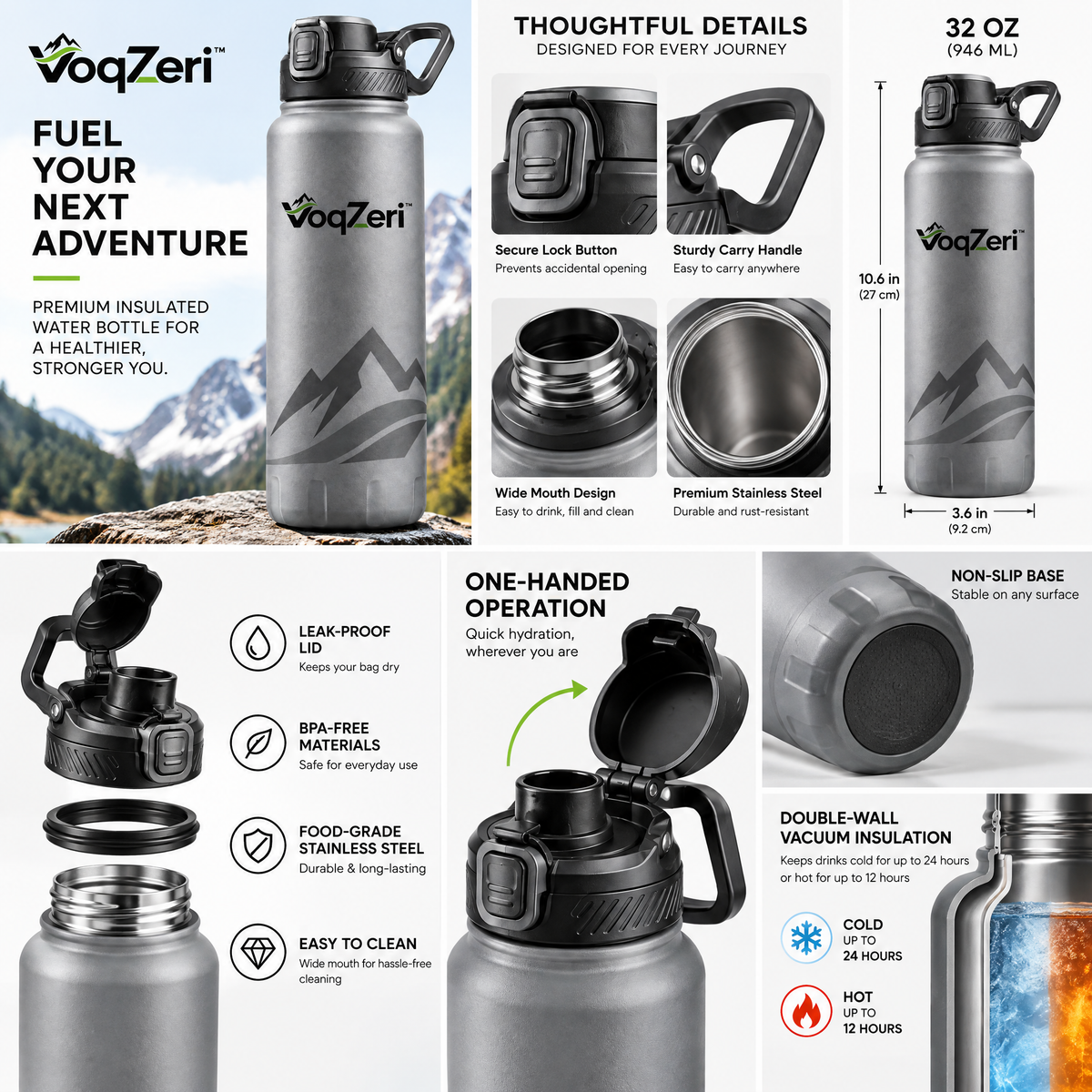 VoqZeri™ Insulated Stainless Steel Water Bottle with Push-Button Spout Lid &amp; Rugged Base, Leakproof Mountain Graphic Thermal Flask for Hiking, Gym, and Travel