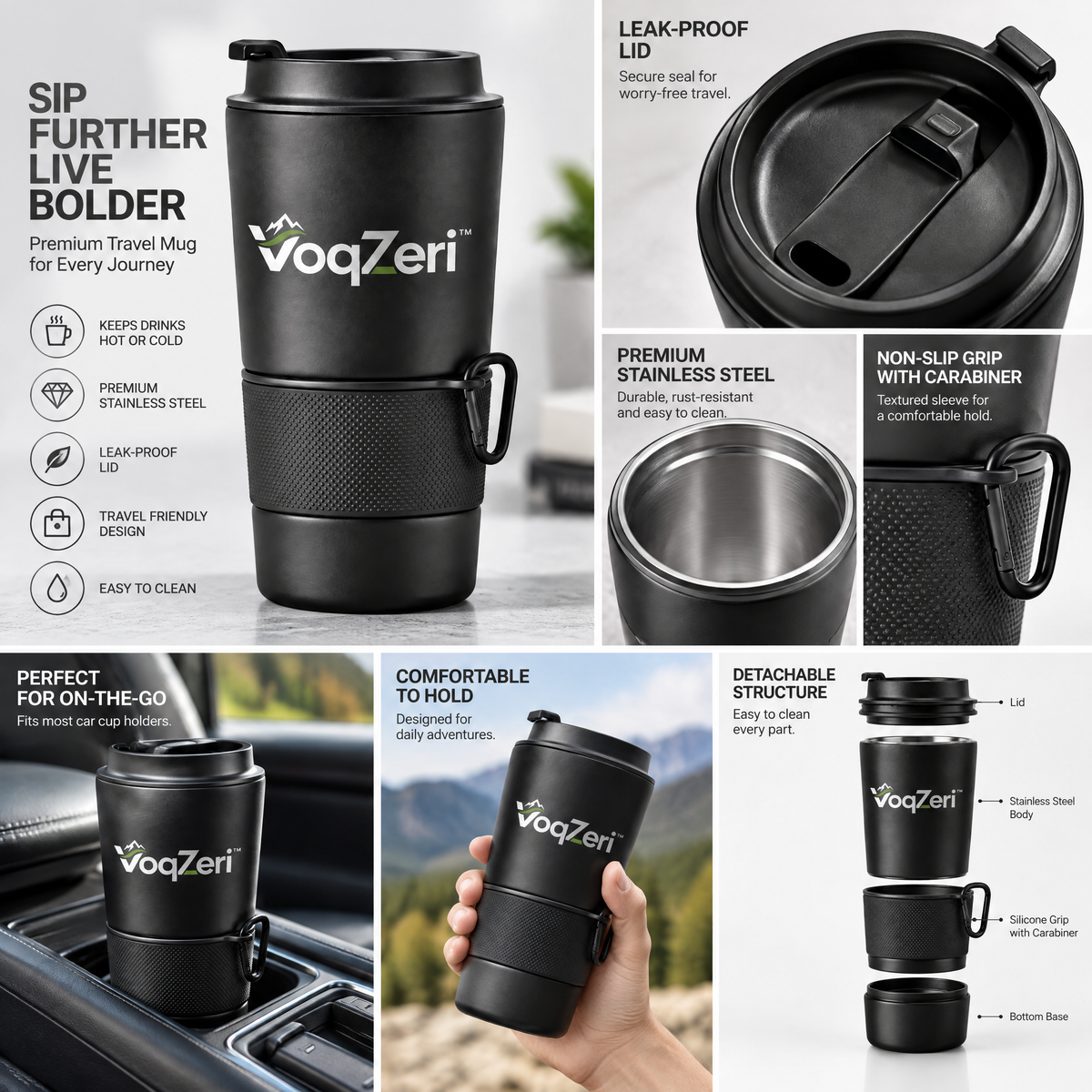 VoqZeri™ Insulated Travel Coffee Mug with Carabiner Clip, Non-Slip Silicone Grip &amp; Leak-Proof Flip Lid, Matte Black